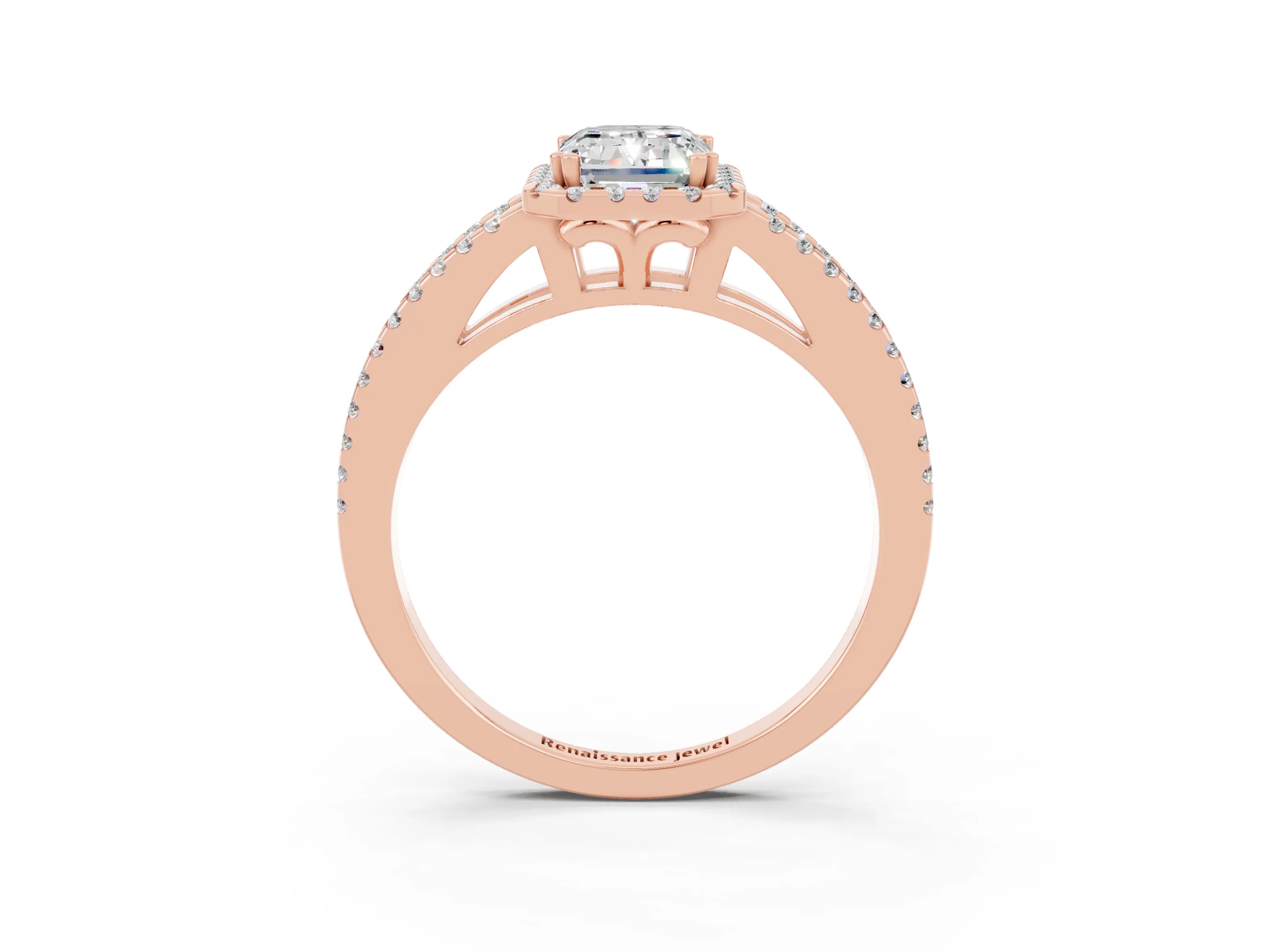 Rose gold Emerald Cut Moissanite Halo Split Shank Engagement Ring_15