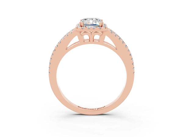 Rose gold Emerald Cut Moissanite Halo Split Shank Engagement Ring