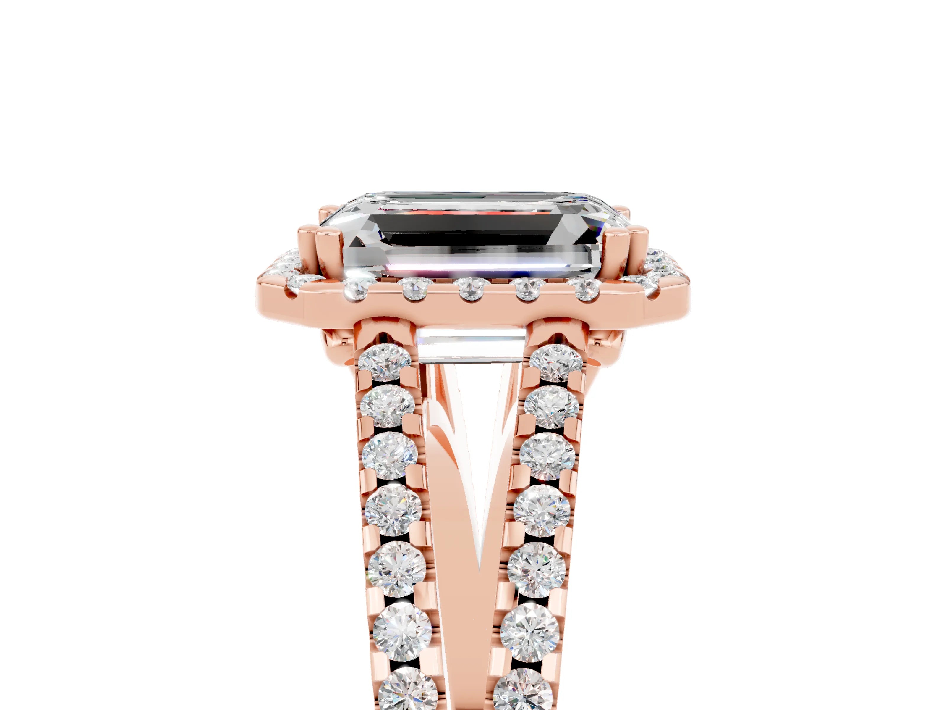 Rose gold Emerald Cut Moissanite Halo Split Shank Engagement Ring_17