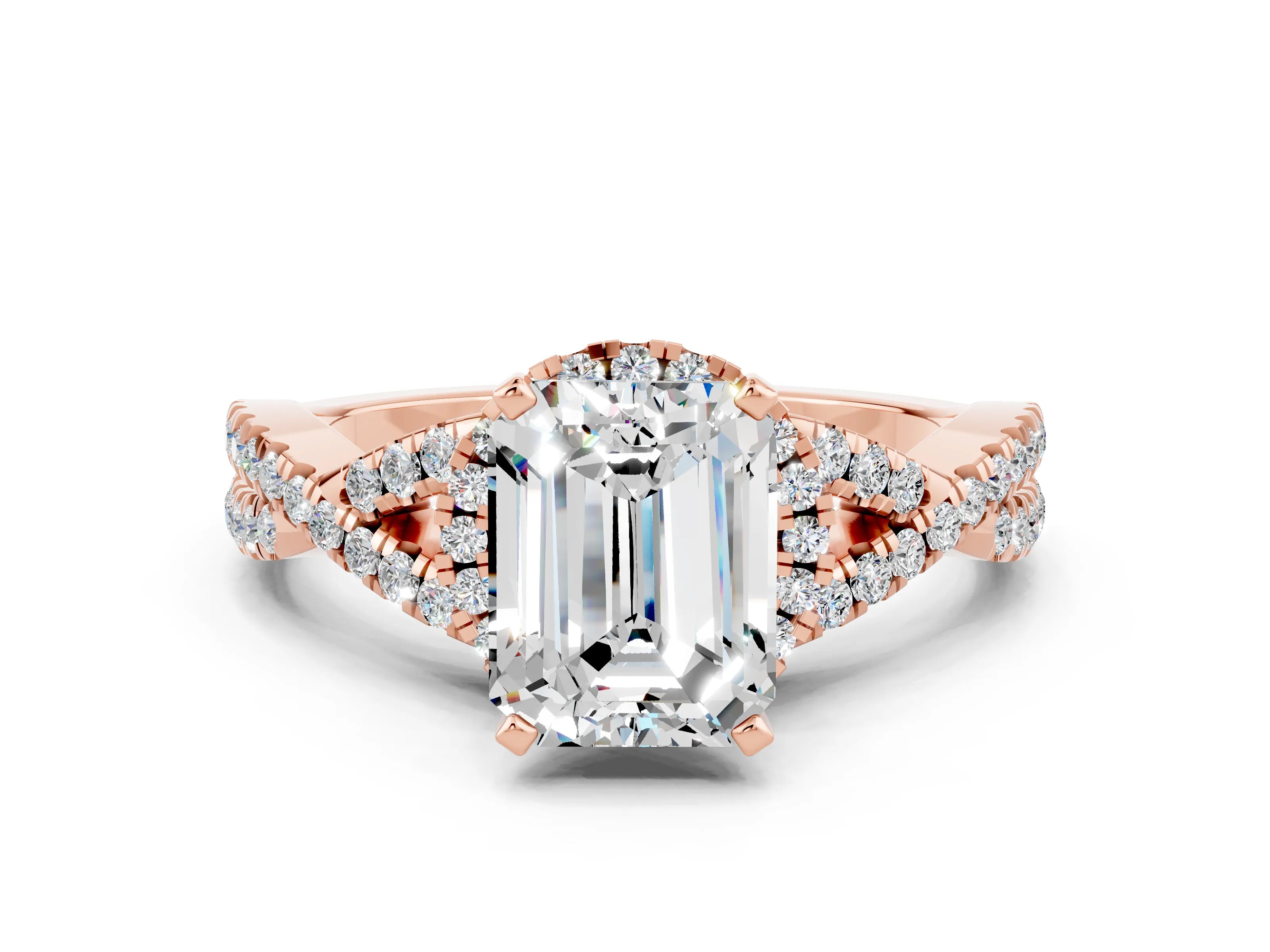 Rose gold Emerald Cut Moissanite Halo Twist Band Solitaire Prong Setting Ring