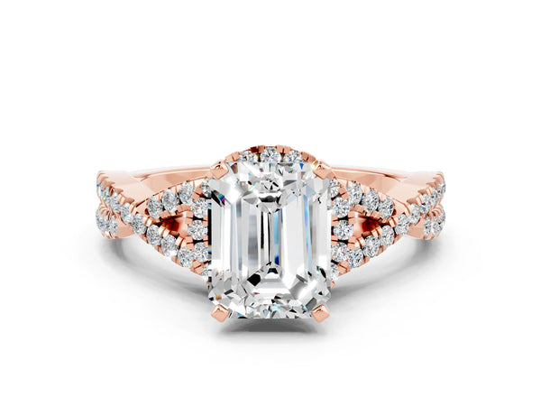 Rose gold Emerald Cut Moissanite  Halo Twist Band Solitaire Prong Setting Ring