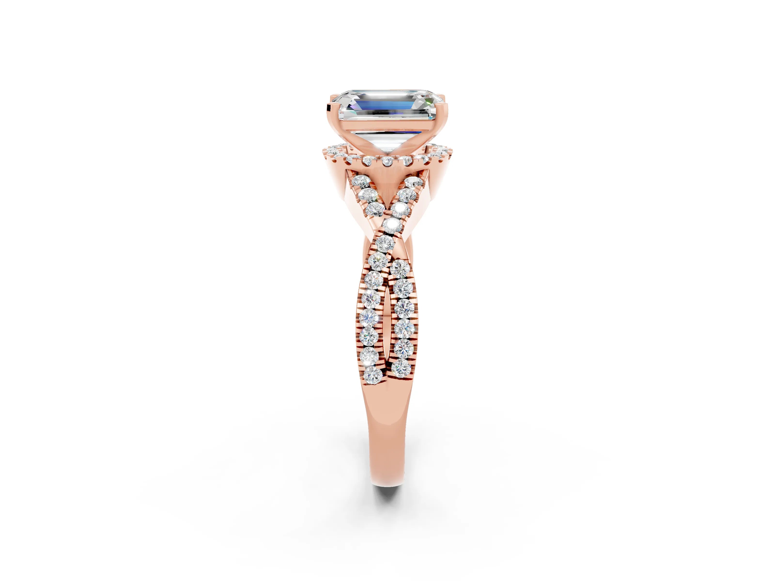 Rose gold Emerald Cut Moissanite Halo Twist Band Solitaire Prong Setting Ring_2