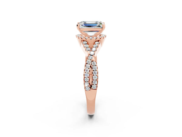 Rose gold Emerald Cut Moissanite  Halo Twist Band Solitaire Prong Setting Ring