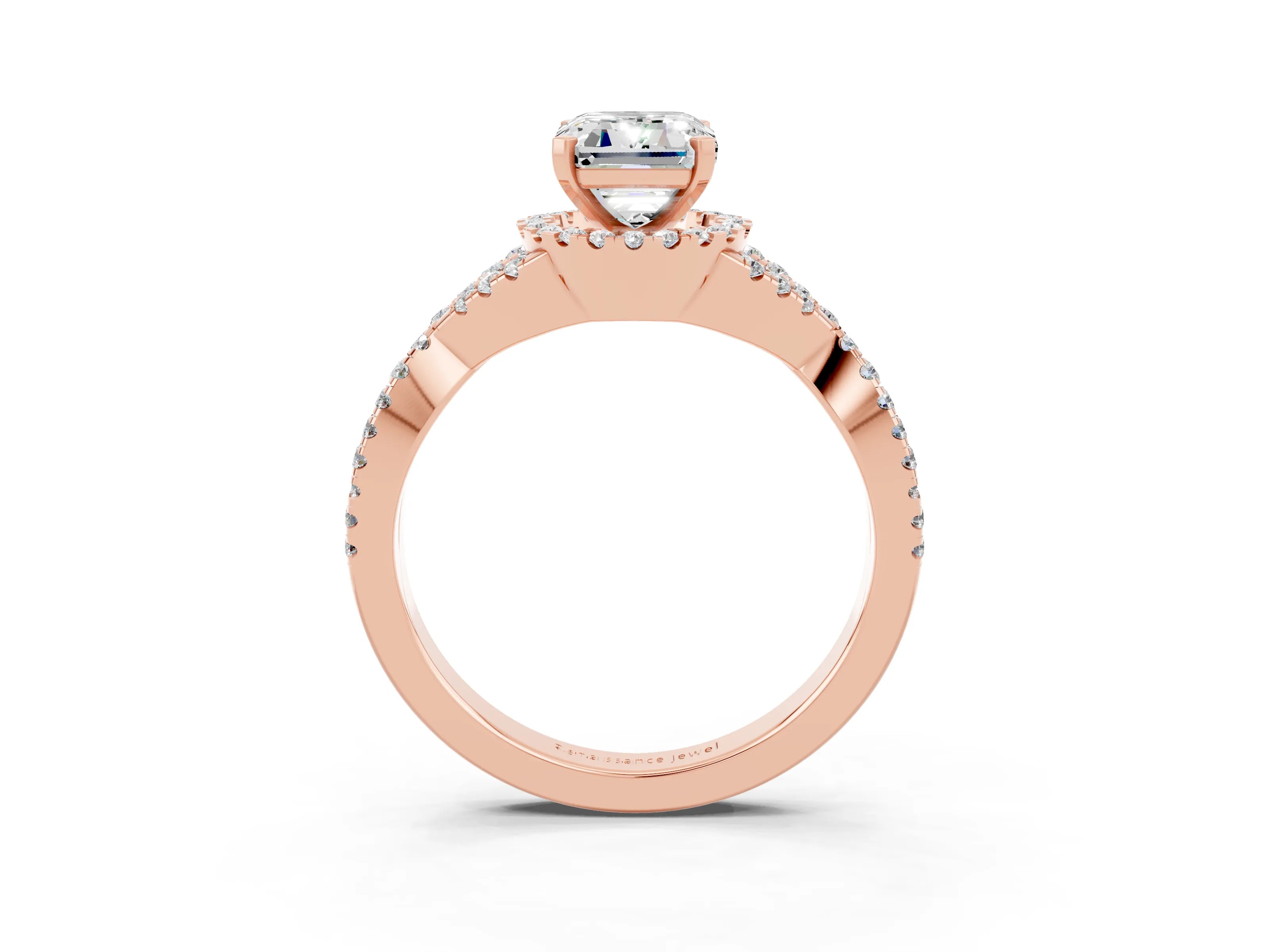 Rose gold Emerald Cut Moissanite Halo Twist Band Solitaire Prong Setting Ring_3