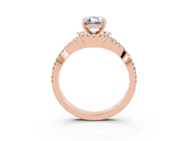 Rose gold Emerald Cut Moissanite  Halo Twist Band Solitaire Prong Setting Ring