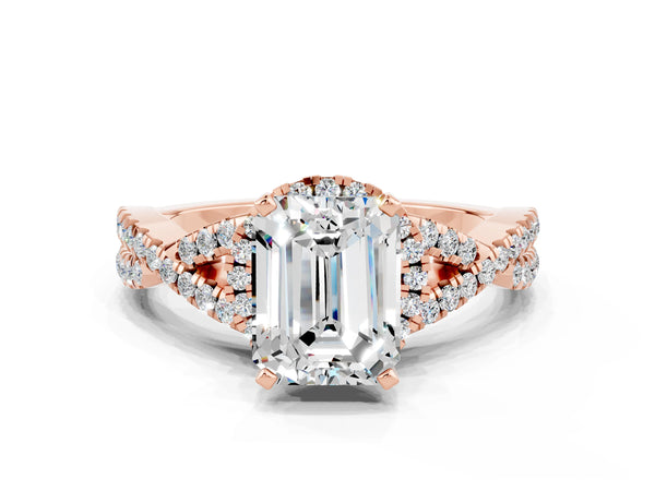 Rose gold Emerald Cut Moissanite  Halo Twist Band Solitaire Prong Setting Ring