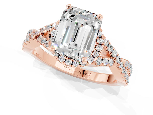 Rose gold Emerald Cut Moissanite  Halo Twist Band Solitaire Prong Setting Ring