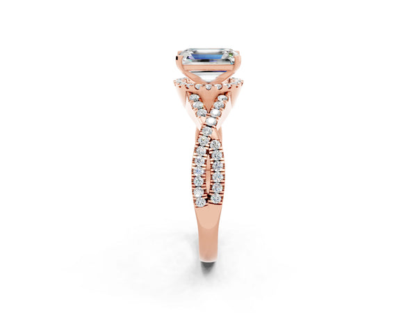 Rose gold Emerald Cut Moissanite  Halo Twist Band Solitaire Prong Setting Ring