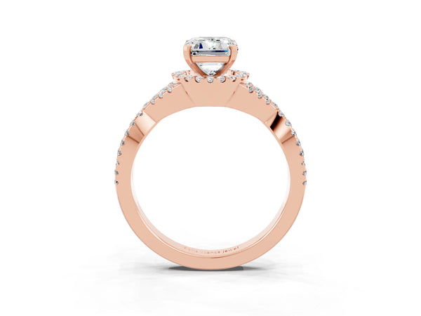 Rose gold Emerald Cut Moissanite  Halo Twist Band Solitaire Prong Setting Ring