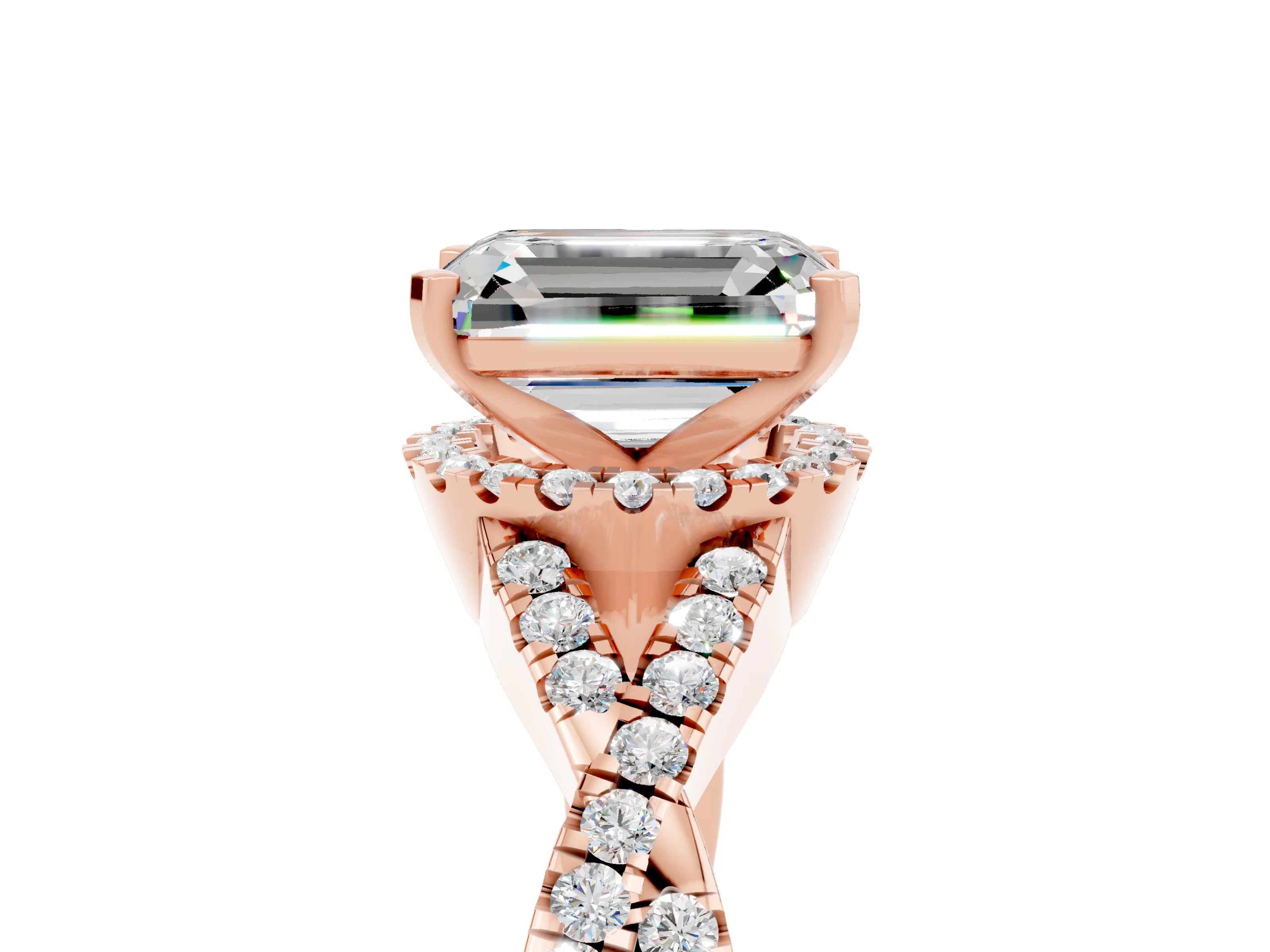 Rose gold Emerald Cut Moissanite Halo Twist Band Solitaire Prong Setting Ring_5
