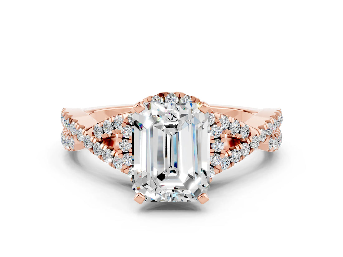 Rose gold Emerald Cut Moissanite  Halo Twist Band Solitaire Prong Setting Ring_54