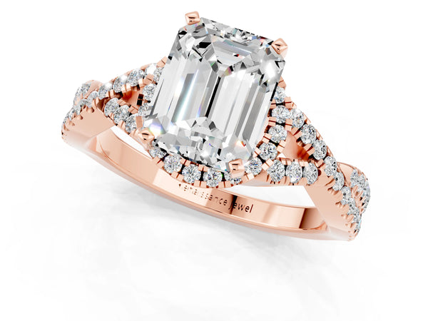 Rose gold Emerald Cut Moissanite  Halo Twist Band Solitaire Prong Setting Ring