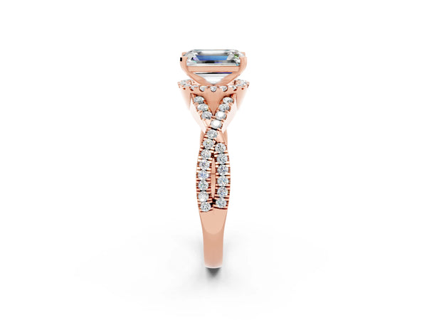 Rose gold Emerald Cut Moissanite  Halo Twist Band Solitaire Prong Setting Ring