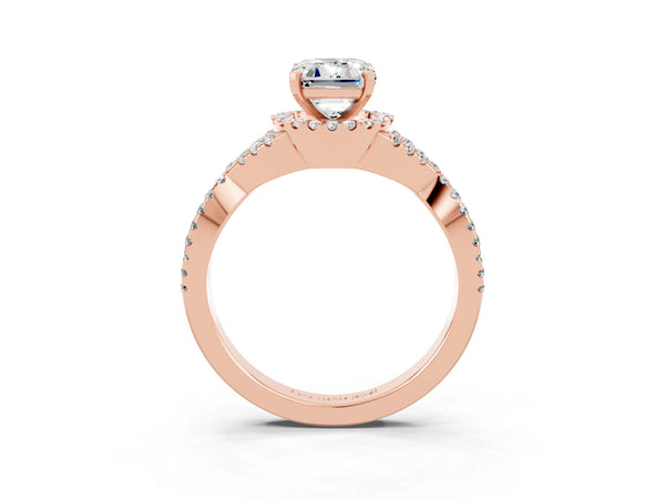 Rose gold Emerald Cut Moissanite  Halo Twist Band Solitaire Prong Setting Ring