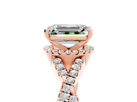 Rose gold Emerald Cut Moissanite Halo Twist Band Solitaire Prong Setting Ring_5