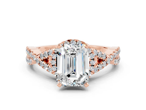 Rose gold Emerald Cut Moissanite Halo Twist Band Solitaire Prong Setting Ring