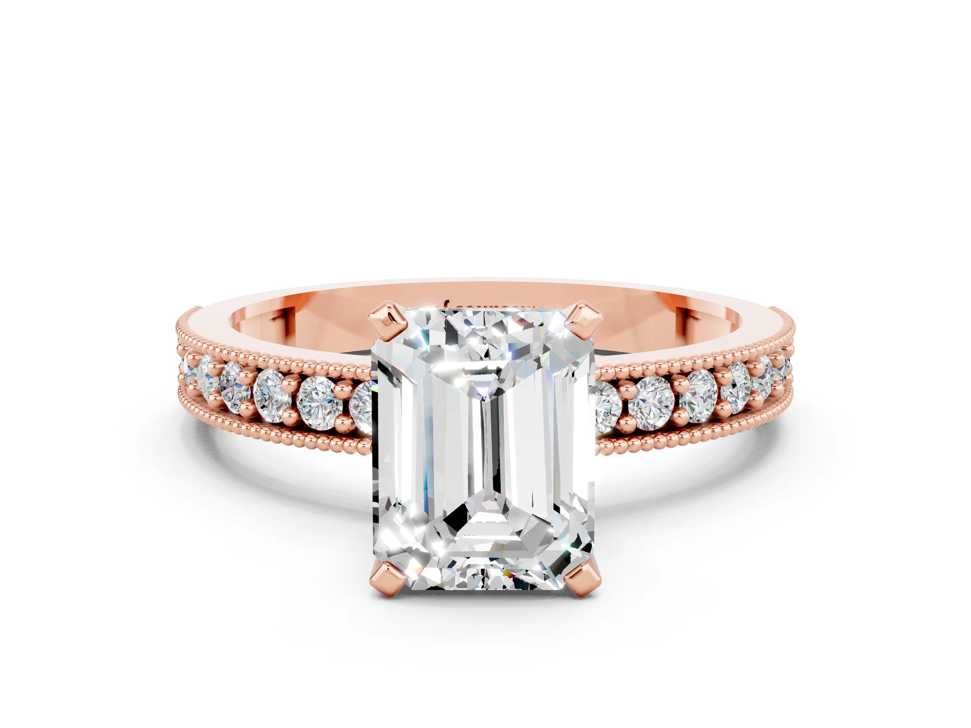Rose gold Emerald Cut Moissanite Milgrain Pavé Engagement Ring with Four-Prong Setting_12
