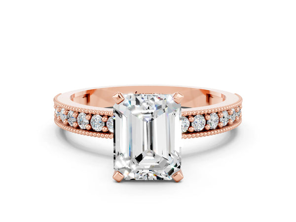 Rose gold Emerald Cut Moissanite Milgrain Pavé Engagement Ring with Four-Prong Setting