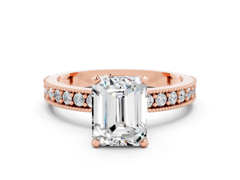 Rose gold Emerald Cut Moissanite Milgrain Pavé Engagement Ring with Four-Prong Setting_12