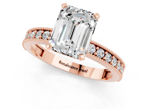 Rose gold Emerald Cut Moissanite Milgrain Pavé Engagement Ring with Four-Prong Setting_13