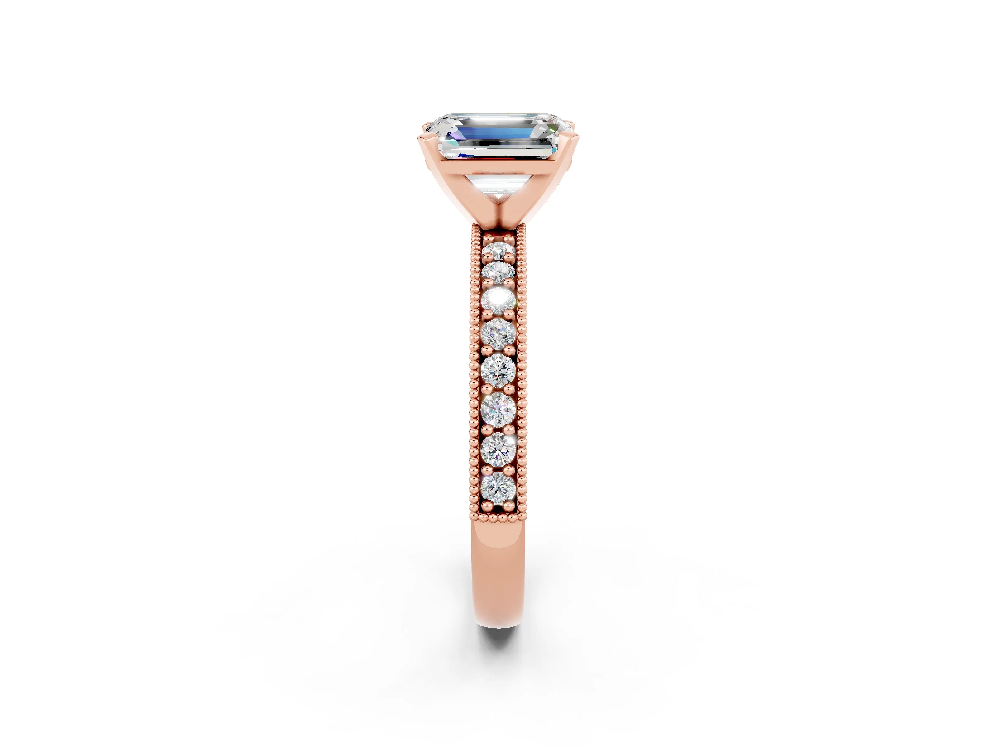 Rose gold Emerald Cut Moissanite Milgrain Pavé Engagement Ring with Four-Prong Setting_14
