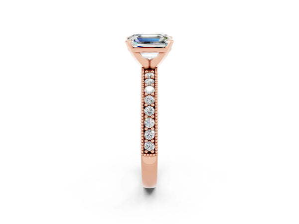 Rose gold Emerald Cut Moissanite Milgrain Pavé Engagement Ring with Four-Prong Setting