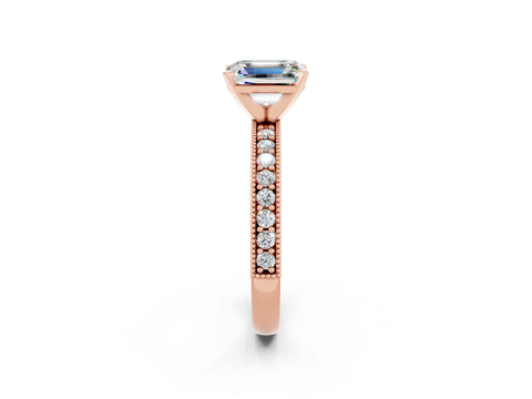 Rose gold Emerald Cut Moissanite Milgrain Pavé Engagement Ring with Four-Prong Setting_14