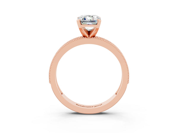 Rose gold Emerald Cut Moissanite Milgrain Pavé Engagement Ring with Four-Prong Setting
