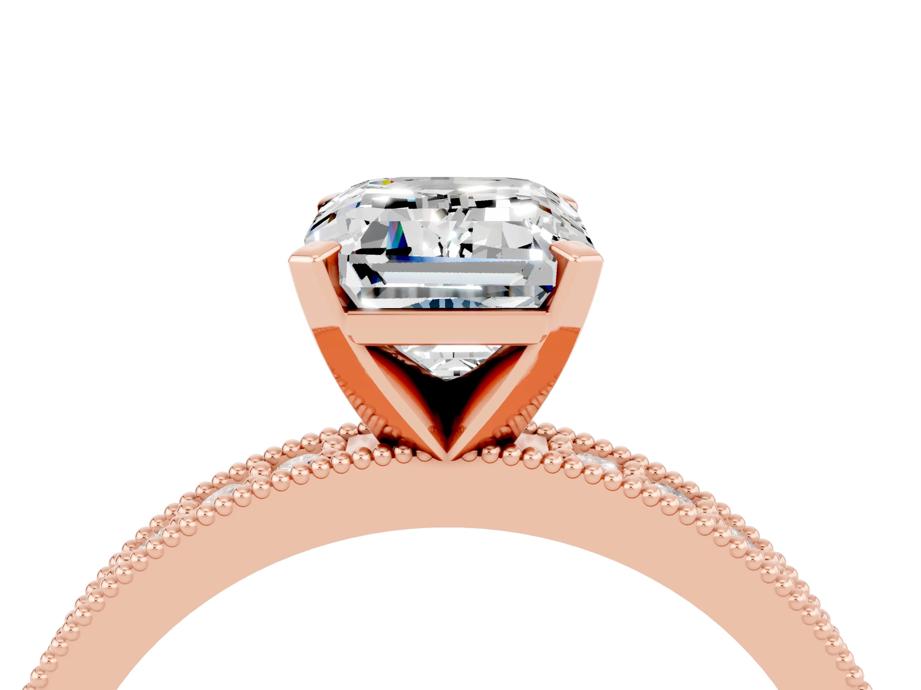Rose gold Emerald Cut Moissanite Milgrain Pavé Engagement Ring with Four-Prong Setting_16
