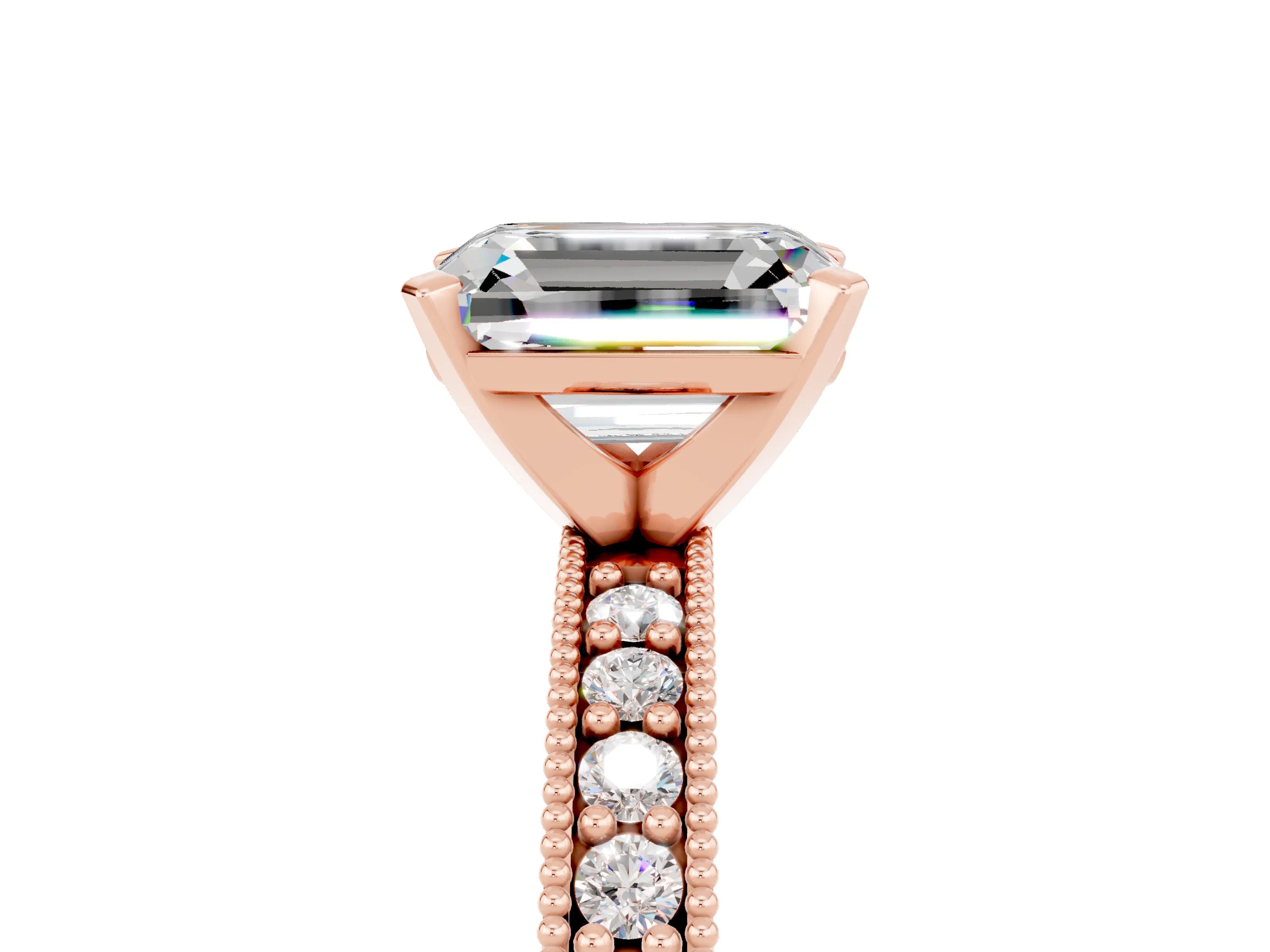 Rose gold Emerald Cut Moissanite Milgrain Pavé Engagement Ring with Four-Prong Setting_17