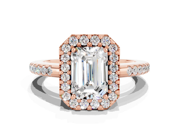 Rose gold Emerald Cut Moissanite Pavé Halo Ring with Four-Prong Setting