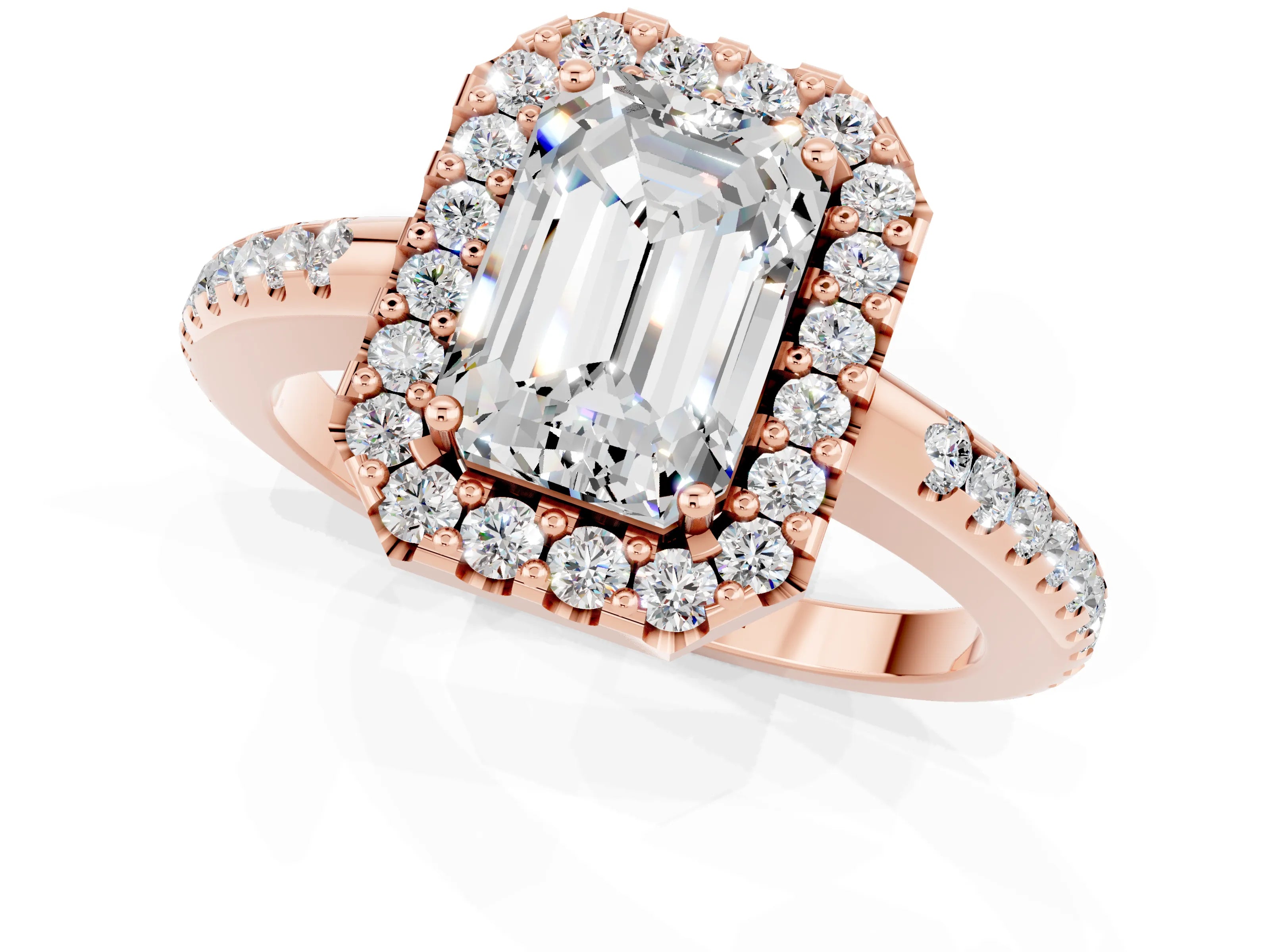 Rose gold Emerald Cut Moissanite Pavé Halo Ring with Four-Prong Setting_13