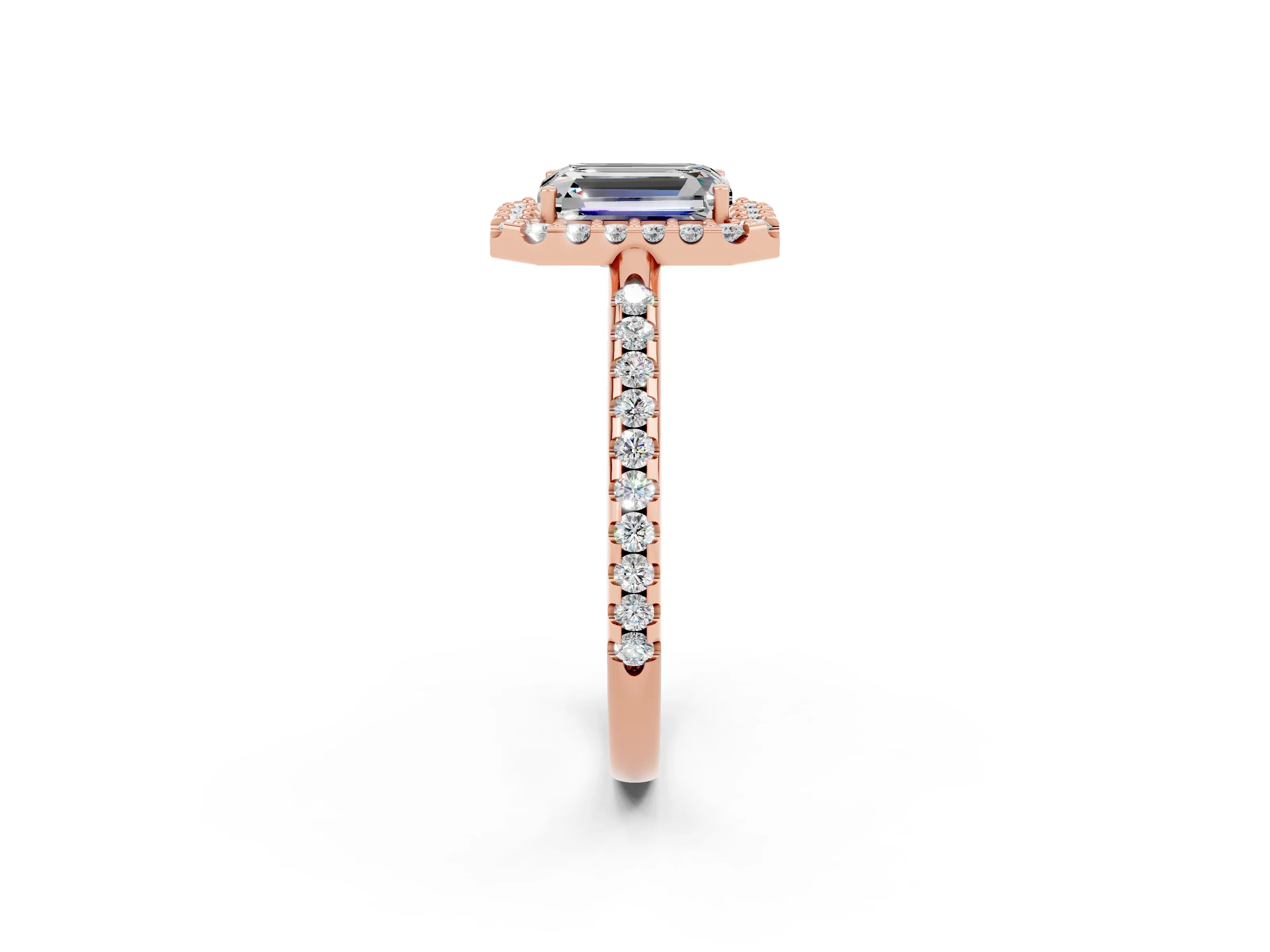 Rose gold Emerald Cut Moissanite Pavé Halo Ring with Four-Prong Setting_14