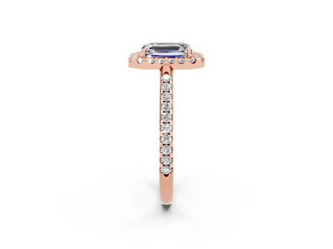 Rose gold Emerald Cut Moissanite Pavé Halo Ring with Four-Prong Setting_14