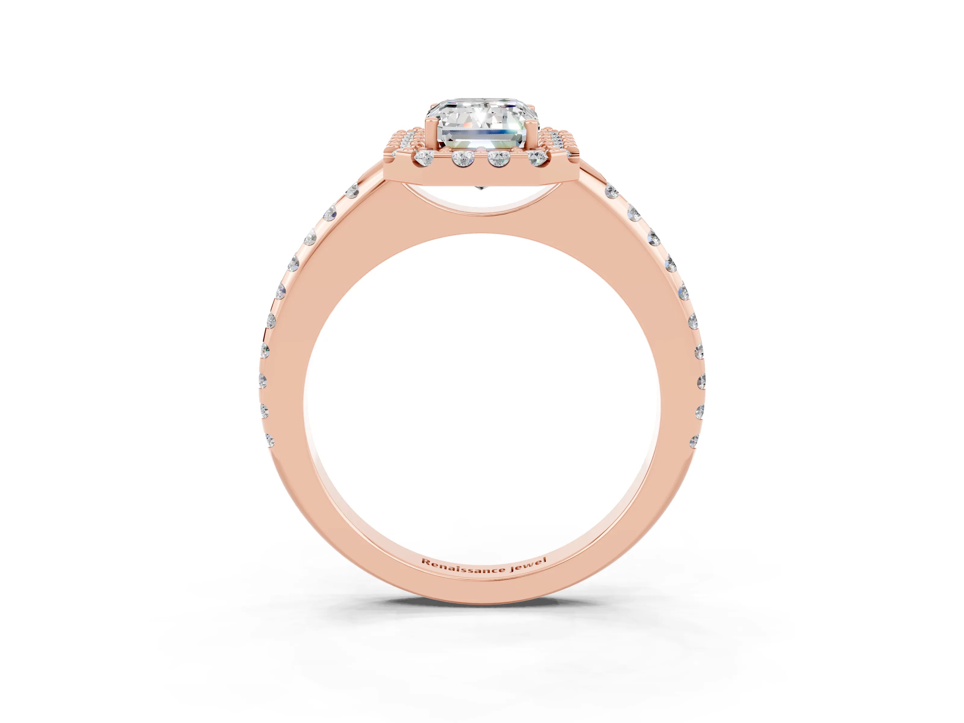 Rose gold Emerald Cut Moissanite Pavé Halo Ring with Four-Prong Setting_15