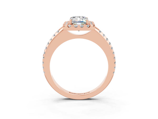 Rose gold Emerald Cut Moissanite Pavé Halo Ring with Four-Prong Setting