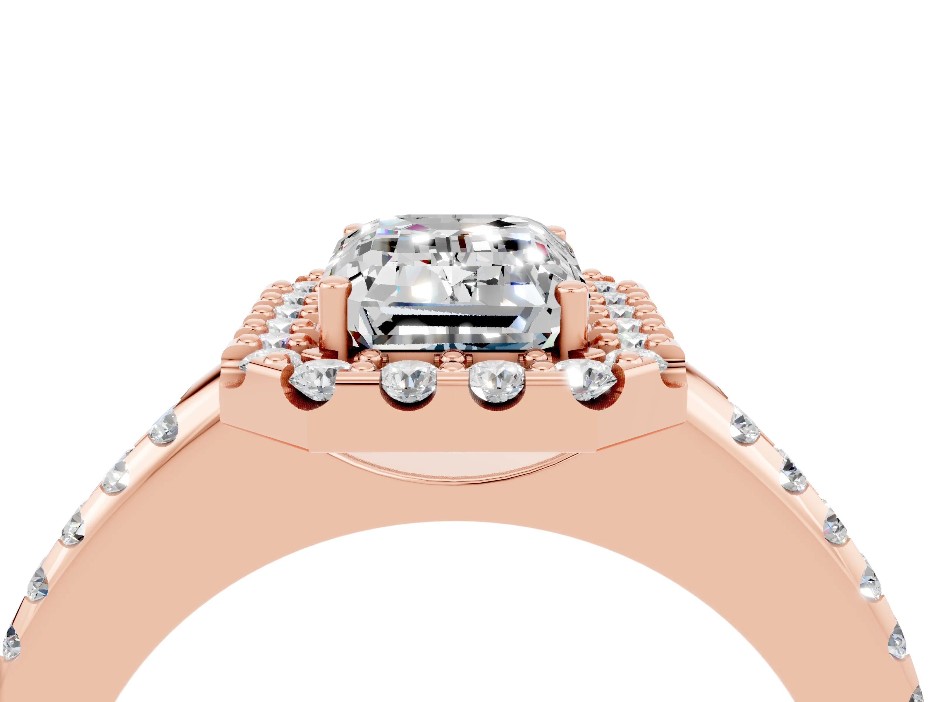 Rose gold Emerald Cut Moissanite Pavé Halo Ring with Four-Prong Setting_16