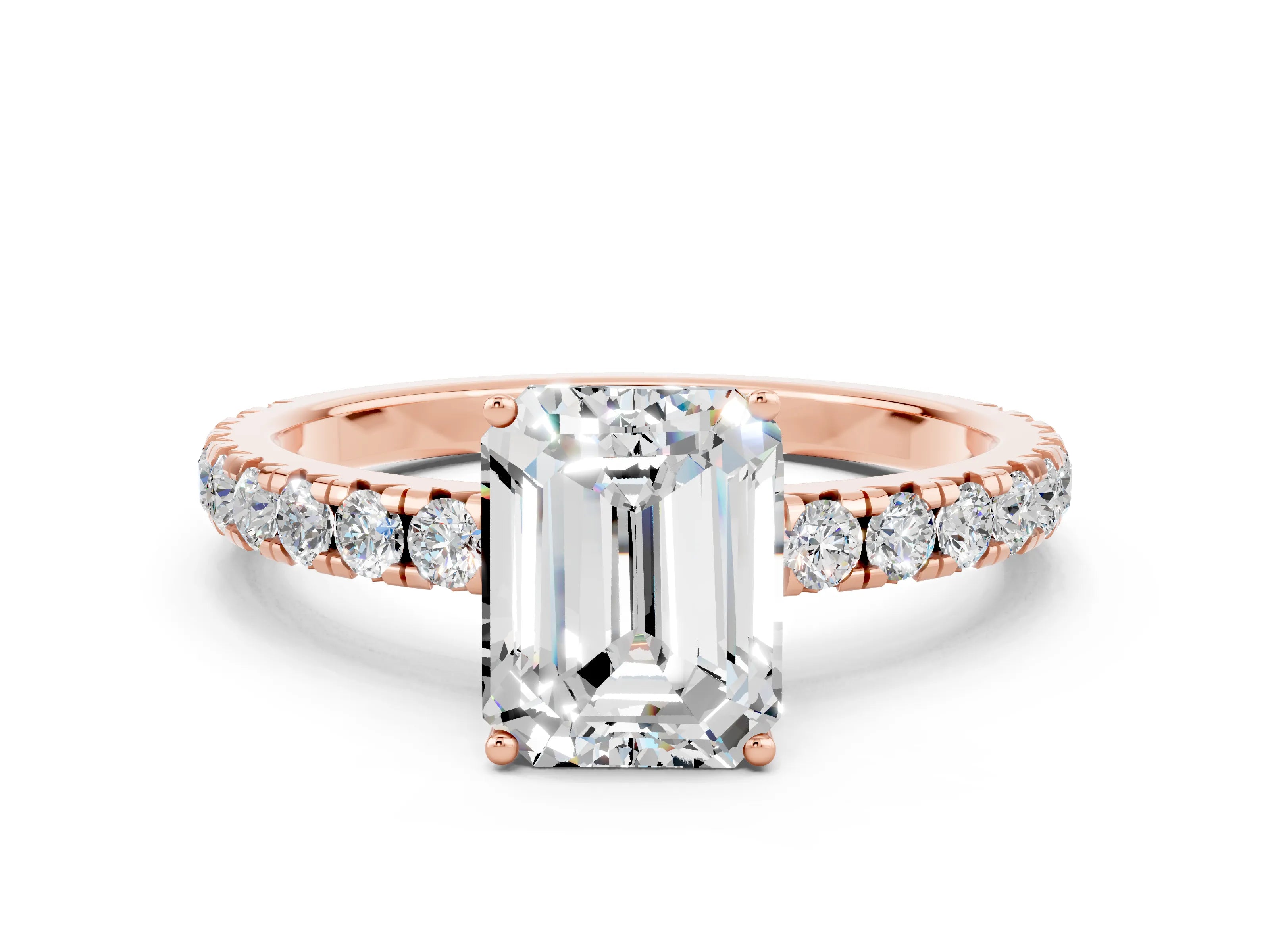 Rose gold Emerald Cut Moissanite Pavé Solitaire Engagement Ring with Four-Prong Setting_12