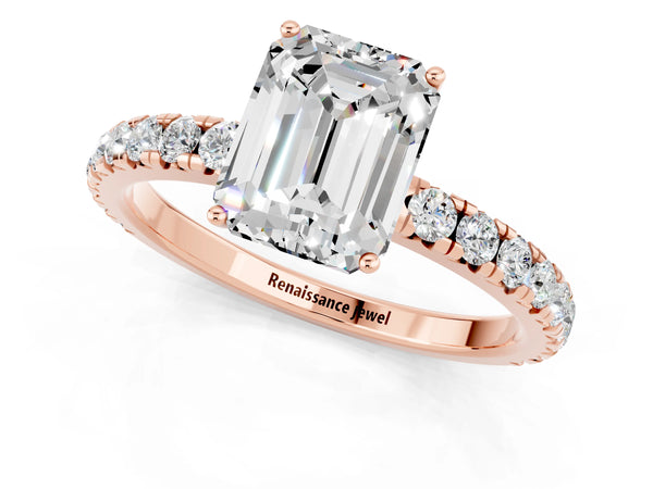 Rose gold Emerald Cut Moissanite Pavé Solitaire Engagement Ring with Four-Prong Setting