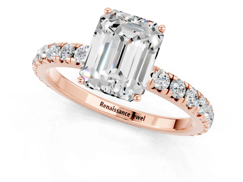 Rose gold Emerald Cut Moissanite Pavé Solitaire Engagement Ring with Four-Prong Setting_13