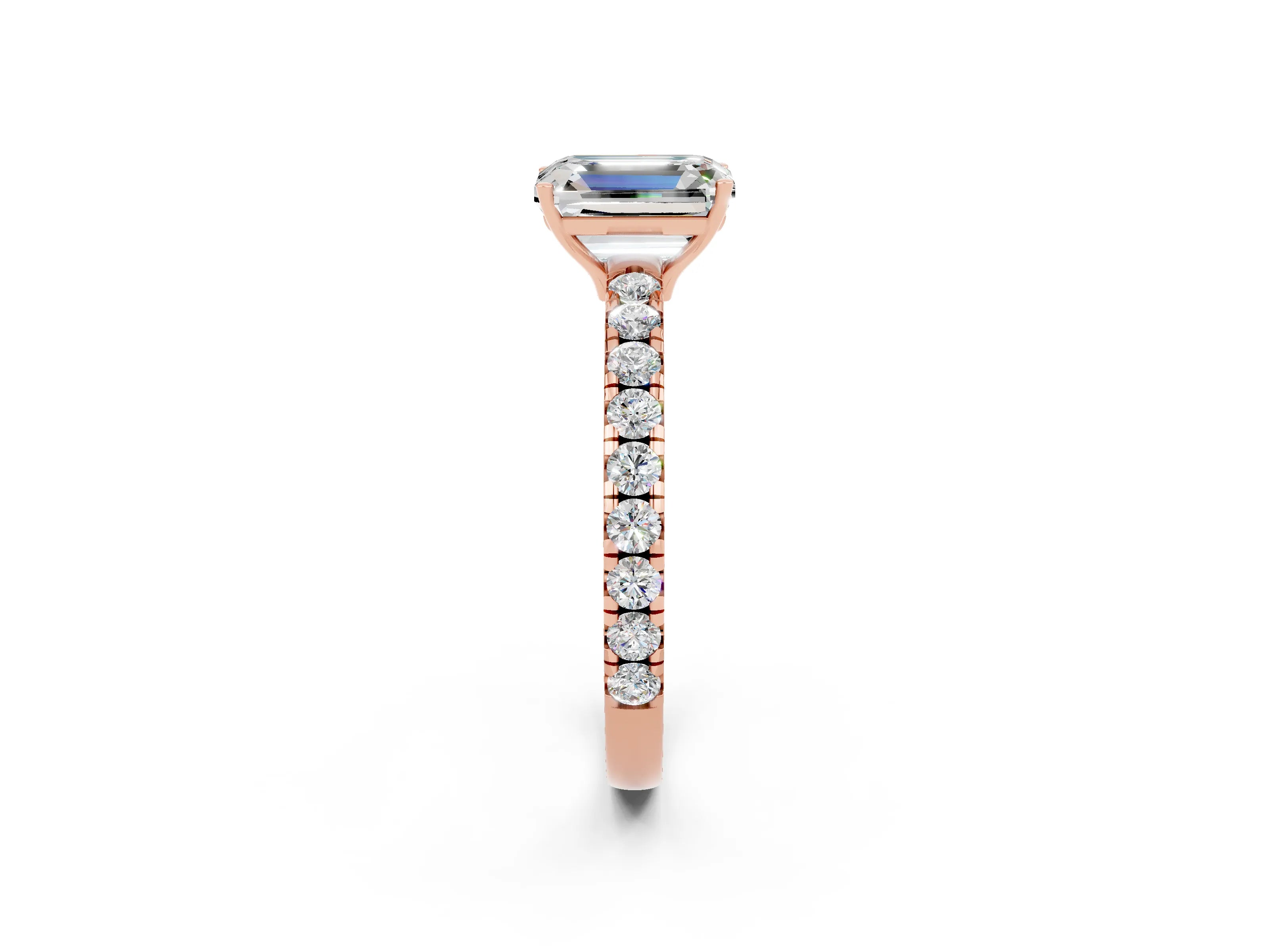 Rose gold Emerald Cut Moissanite Pavé Solitaire Engagement Ring with Four-Prong Setting_14