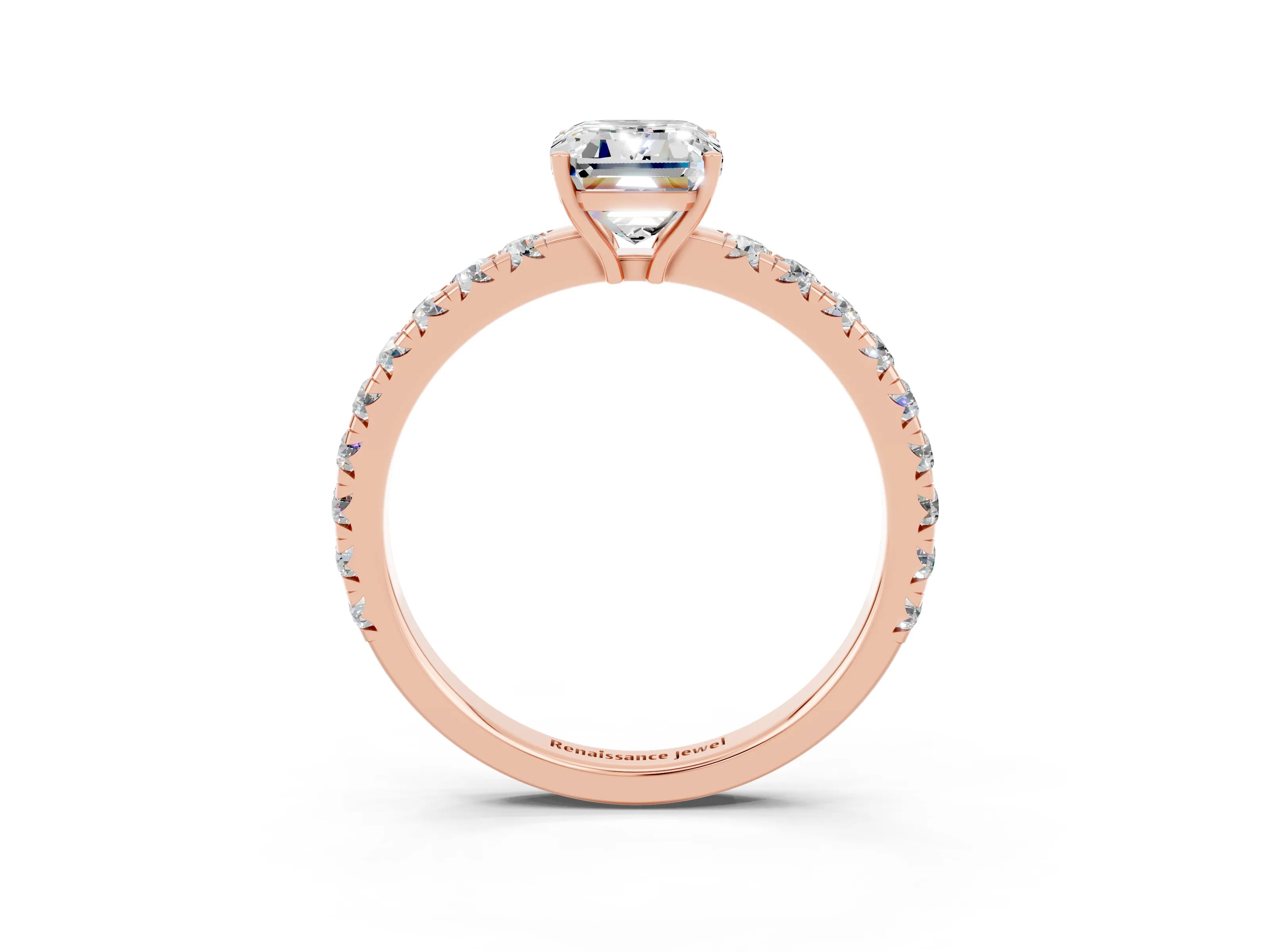Rose gold Emerald Cut Moissanite Pavé Solitaire Engagement Ring with Four-Prong Setting_15