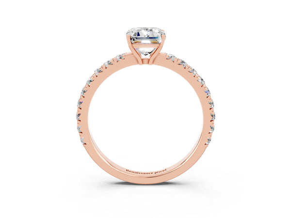 Rose gold Emerald Cut Moissanite Pavé Solitaire Engagement Ring with Four-Prong Setting