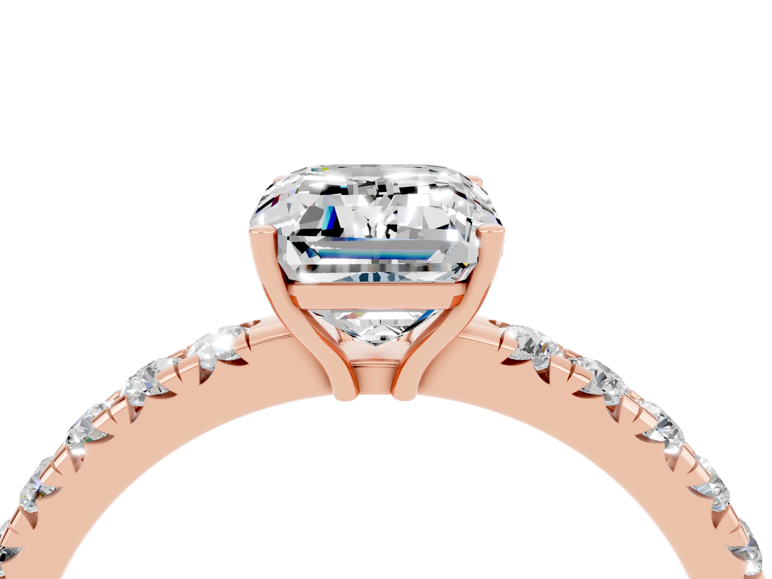 Rose gold Emerald Cut Moissanite Pavé Solitaire Engagement Ring with Four-Prong Setting_16