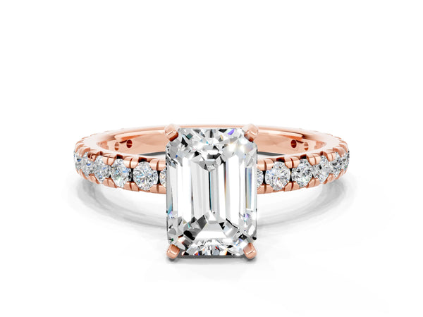 Rose gold Emerald Cut Moissanite Pavé Solitaire Ring with Round Band and Prong Setting