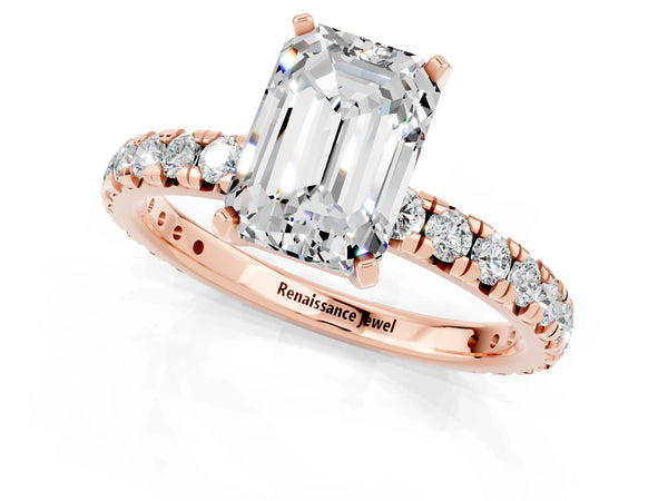 Rose gold Emerald Cut Moissanite Pavé Solitaire Ring with Round Band and Prong Setting