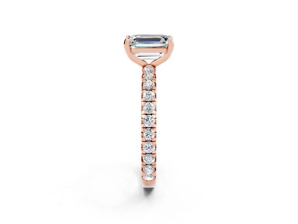 Rose gold Emerald Cut Moissanite Pavé Solitaire Ring with Round Band and Prong Setting