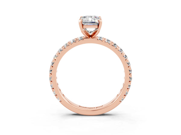 Rose gold Emerald Cut Moissanite Pavé Solitaire Ring with Round Band and Prong Setting