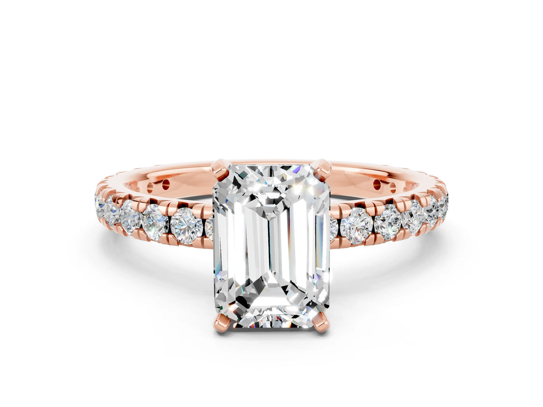 Rose gold Emerald Cut Moissanite Pavé Solitaire Ring with Round Band and Prong Setting_24