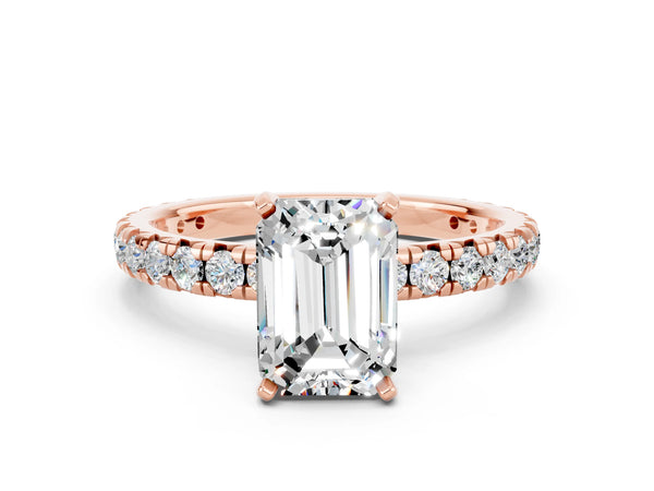 Rose gold Emerald Cut Moissanite Pavé Solitaire Ring with Round Band and Prong Setting